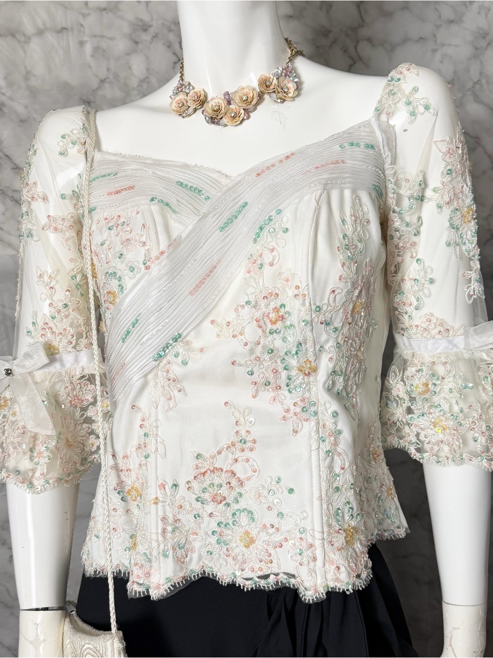 Handmade Coquette Pastel Floral Embroidered Draped Neckline Fairy Bow Slv XS/S